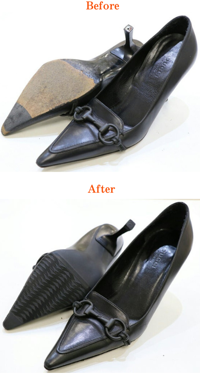 婦人靴にてピンヒール交換と靴底全てを新しく交換したグッチGUCCIハイヒールのオールソール交換修理完成見本のビフォーアフター
