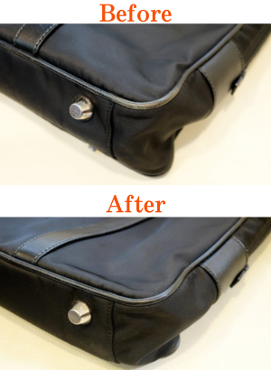 鞄バッククリーニングで革パイプ部分を補色した際のビフォーアフター