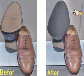 靴底が革製の場合は、新品時から靴の滑り止めとしてハーフソール交換をした靴修理の完成見本
