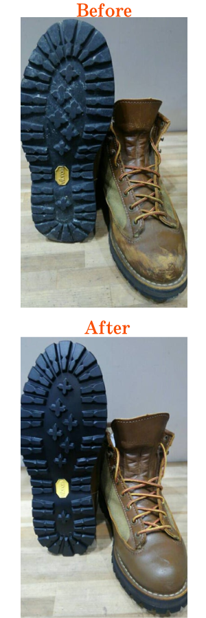 ダナーブーツ（DANNER ）のクリーニングとソール交換という靴底修理をセットで行った修理完成見本例