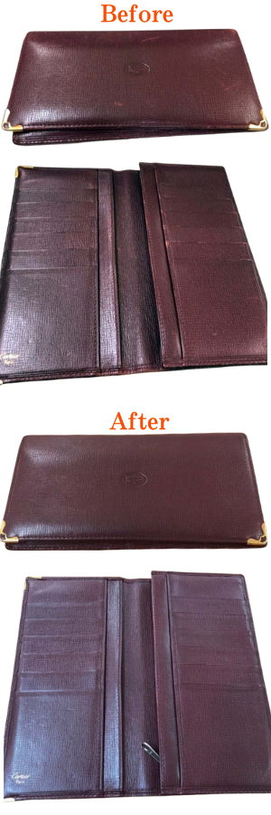 カバン・バッグクリーニング例としてお財布の傷取り＆クリーニング＆補色修理のビフォーアフター