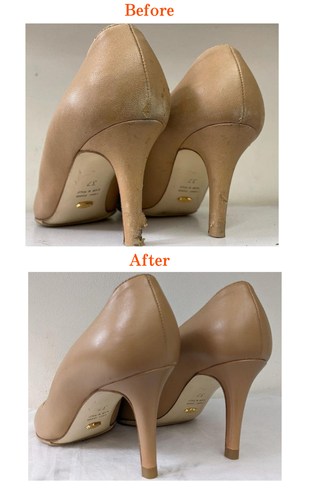 靴集の依頼を受けて、ピンヒール・ハイヒール巻革修理を行い
破れ、擦れ、色おちをオールリセットした修理完成品のビフォーアフター