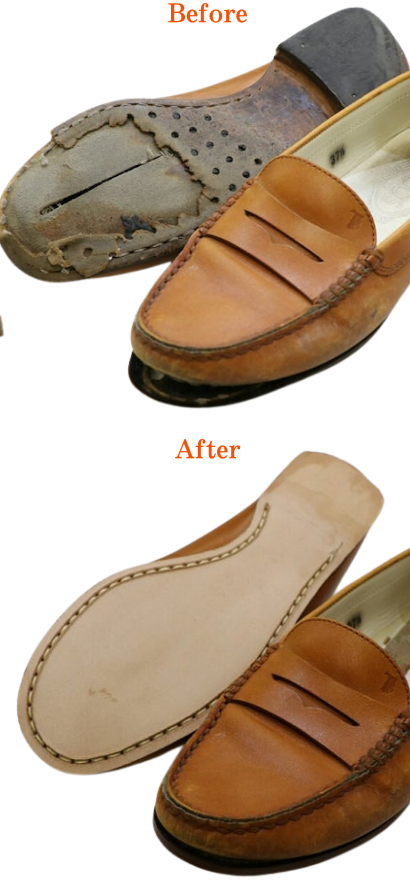 トッズのモカシン、レザーソールからレザーソールへ交換した靴修理の完成品ビフォーアフター